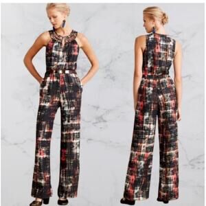 Elevenses Anthropologie‎ | XS | Abstract Wide Leg High Neck Jumpsuit retro mod